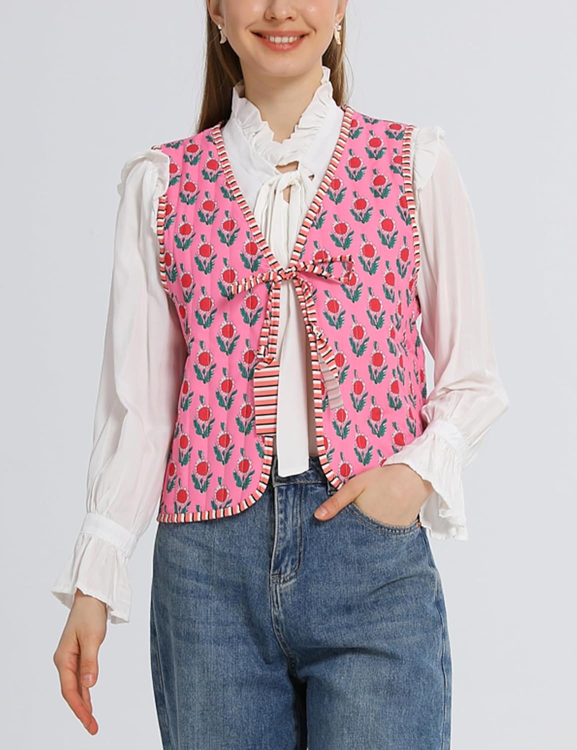 Wyeysyt Women's Cropped Floral Quilted Puffer Vest Printed Lightweight Sleeveless Padded Gilet Outwear - Image 2