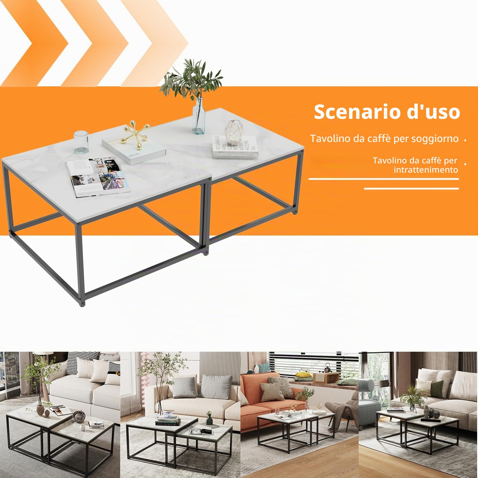 Ceramica Set di 2 Tavolini da Caffè Bianco Quadrato Tavolino da Salotto