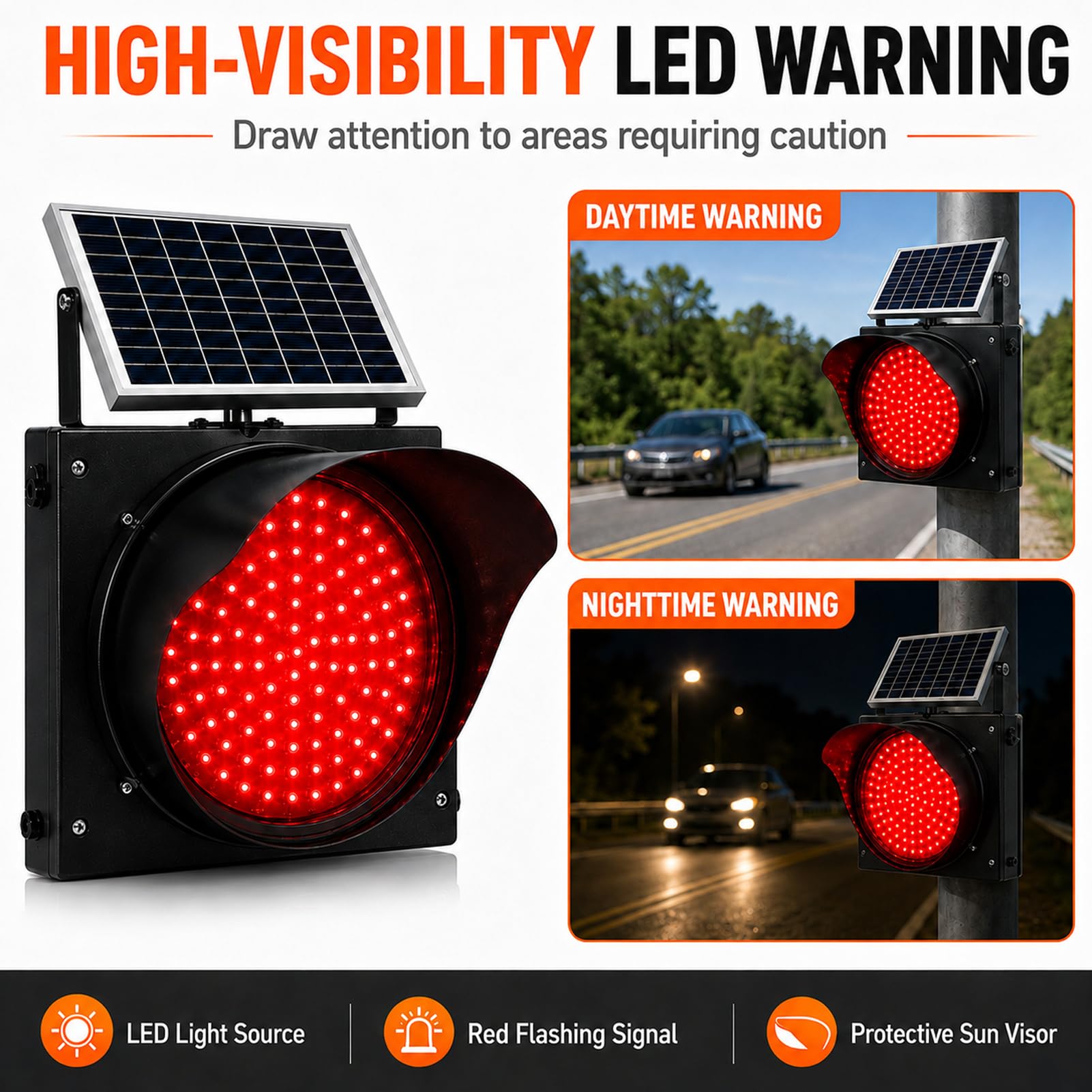 Semáforo Vial Solar, LED Intermitente 12/16 Pulgadas, IP65