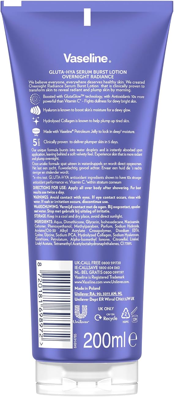لوشن الجسم Vaseline Gluta-Hya Serum Burst Duo – Dewy Radiance & Overnight Repair 2x200ml مع GlutaGlow & 10x Vitamin C Power لبشرة ندية ورطبة ومتوهجة طوال اليوم والليل