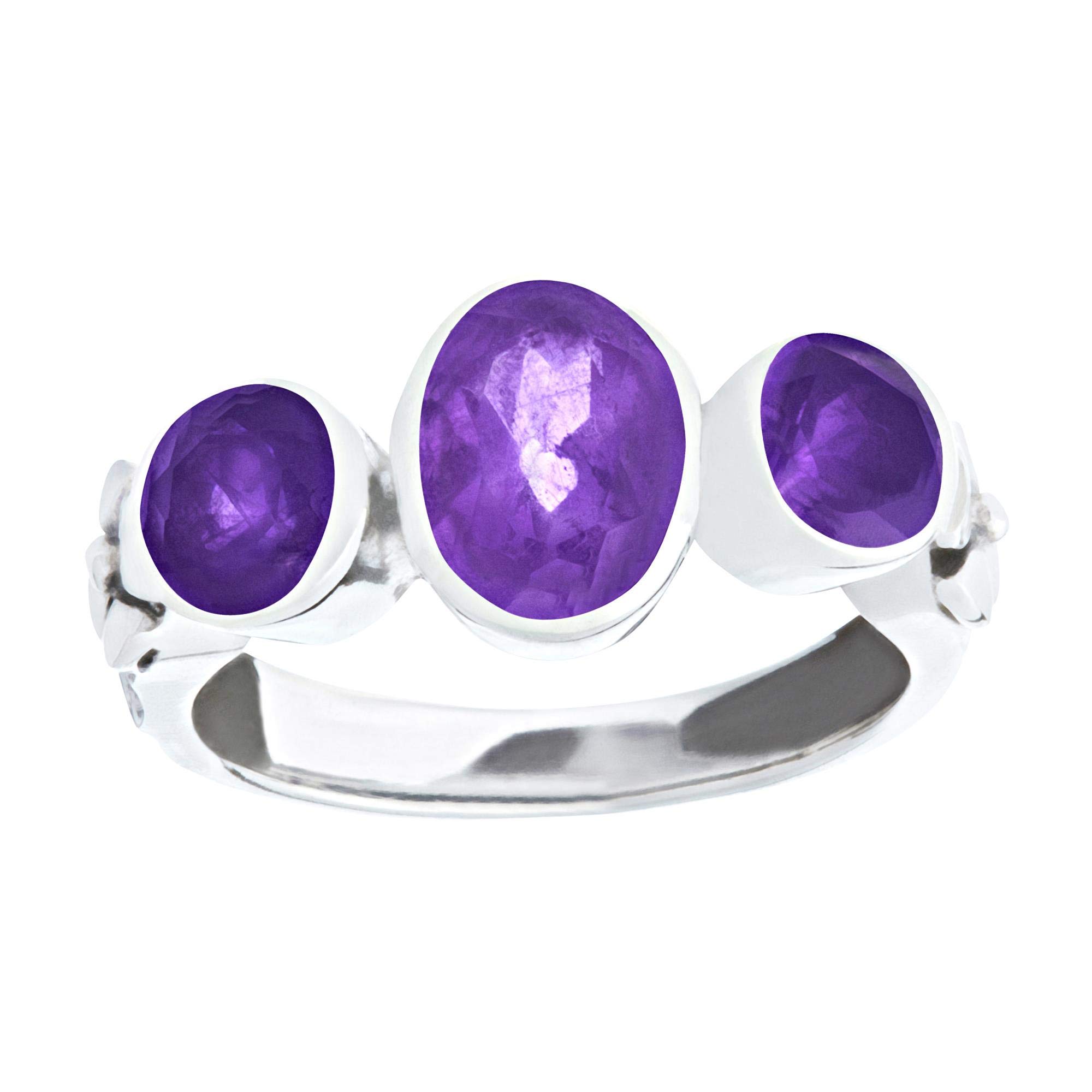81stgeneration Anillo de Trilogía de Amatista Ovalada en Plata de Ley para Mujer | Anillo de Cristal Morado Facetado en Plata 925 | Anillos Bohemios con Triple Piedra Preciosa