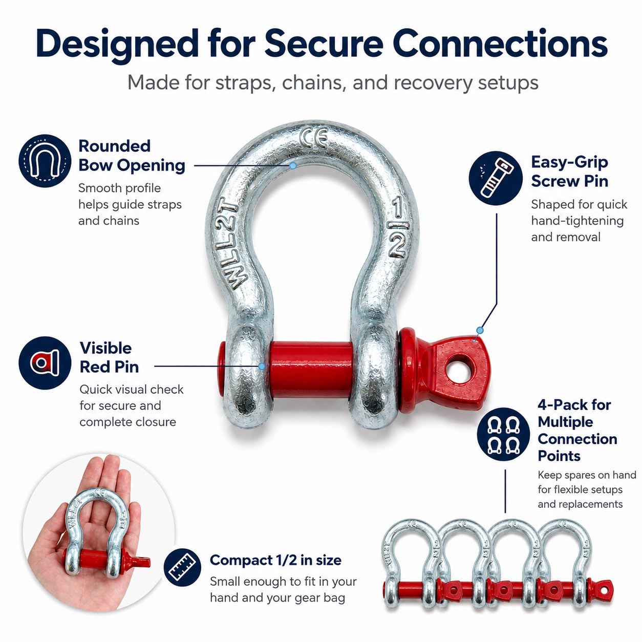 1/2 Inch D Ring Anchor Shackles, 4 Pack, 4410 lb WLL, Forged Alloy Steel