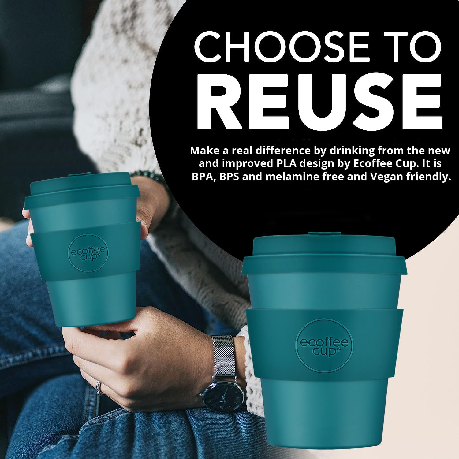 8oz 240ml Ecoffee Cup Reutilizable Eco-Friendly 100% Plant Based Coffee Cup With Silicone Lid & Sleeve - Melamine Free Travel Mug, Bay Of Fires