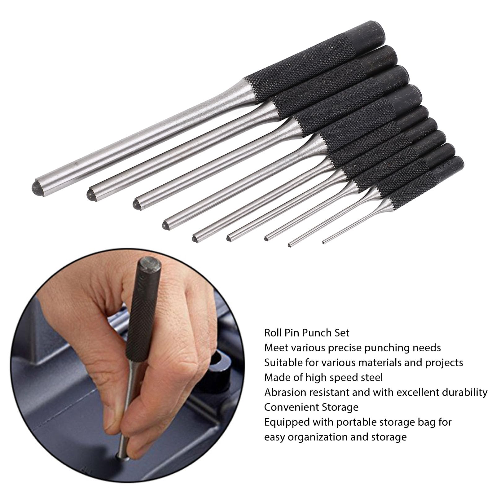 Lybunair 9Pcs Roll Pin Punch Set, 1/16 to 5/16 Inch High Speed Steel Tool for Automotive Watch Repair Jewelry Craft