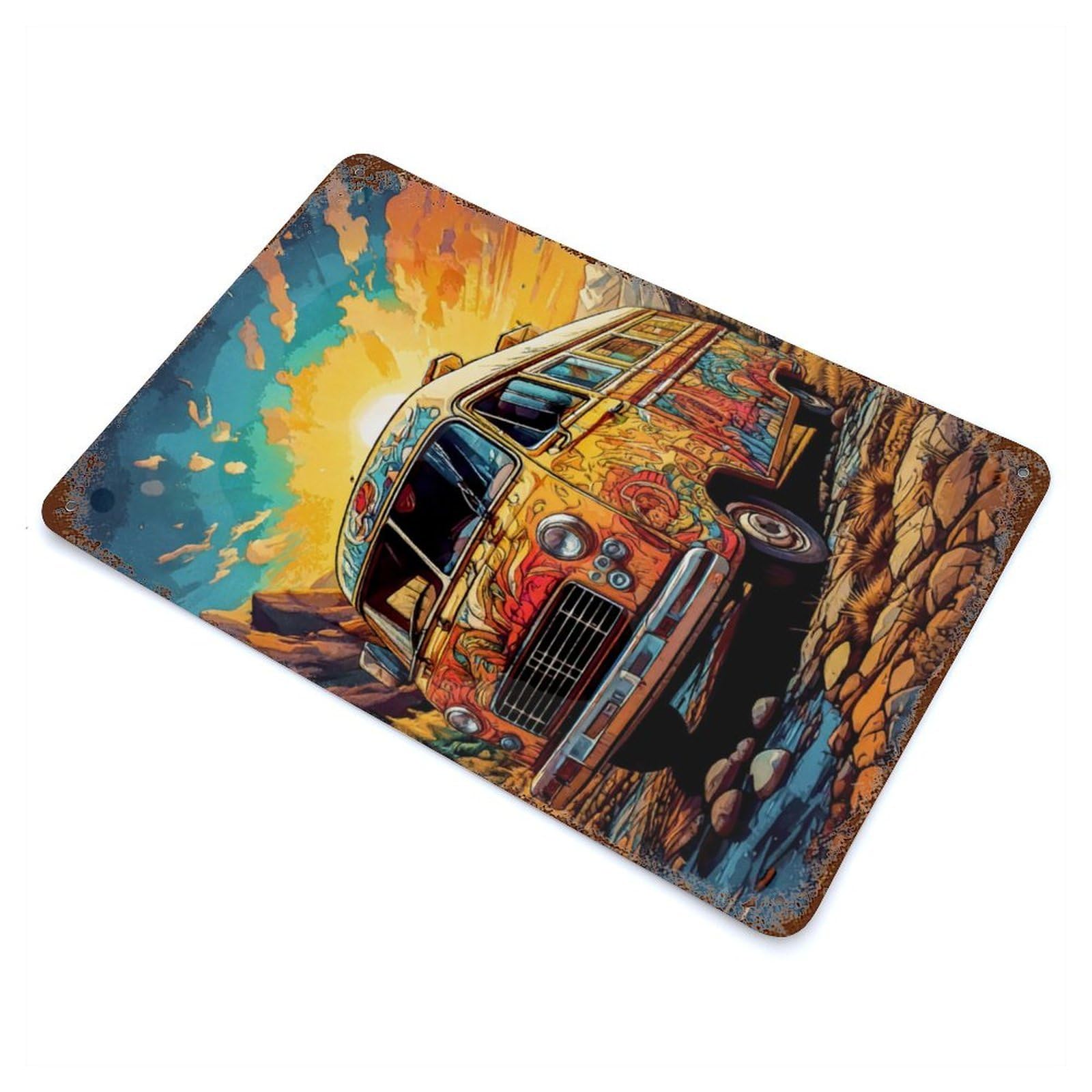 Psychedelic Van Sunset Rusty Metal Tin Sign 11.8"x7.9", for Basement, Hobby Room And Garage Decor, Retro Wall Decor