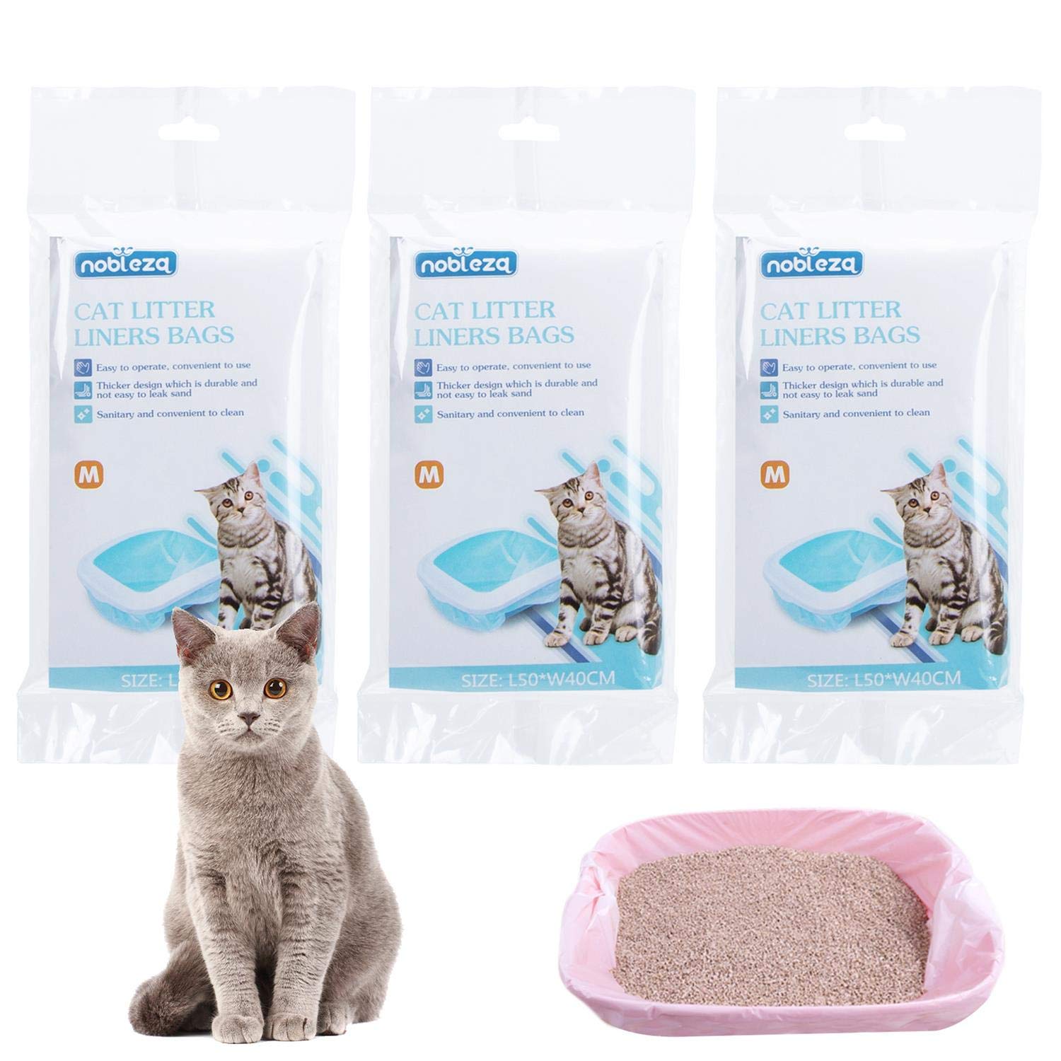 Nobleza 36 Pcs Cat Litter Tray Liners, Medium 50x40cm Scratch Resistant Cat Litter Box Liners Heavy Duty, Thicken Leak-Proof Tear Resistant Cat Litter Bags for Medium Small Litter Box, White