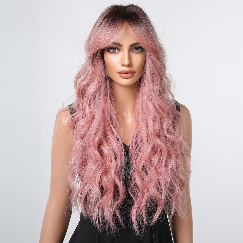 Long Wavy Ombre Pink Wigs with Curtain Bangs for Women, 28'' Curly Synthetic Wig Dark Brown Roots Heat Resistant Hair for Daily Party Cosplay