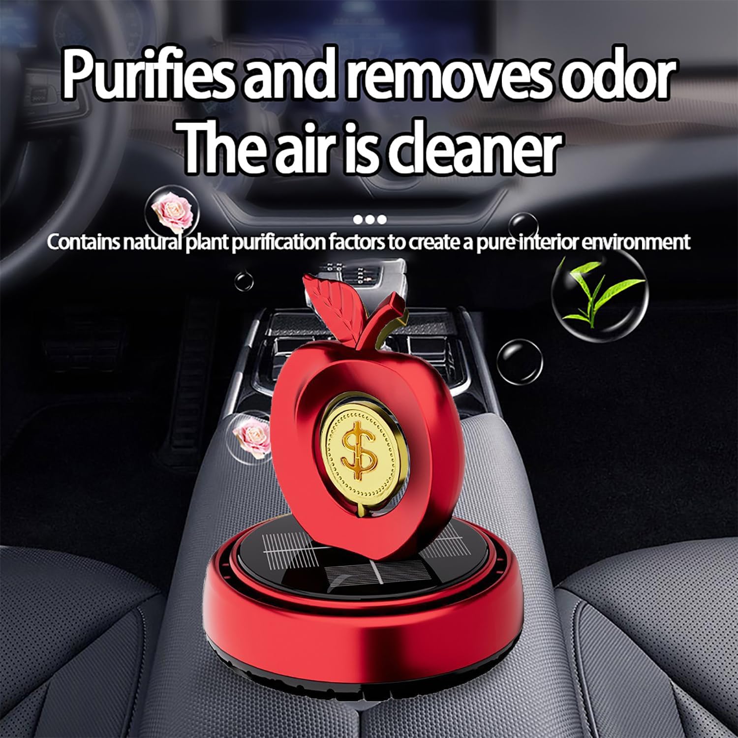 Solar Powered Rotating Car Air Freshener | Apple and Dollar Shape 3D Model | Home and Car Interior Decoration Accessories | Red