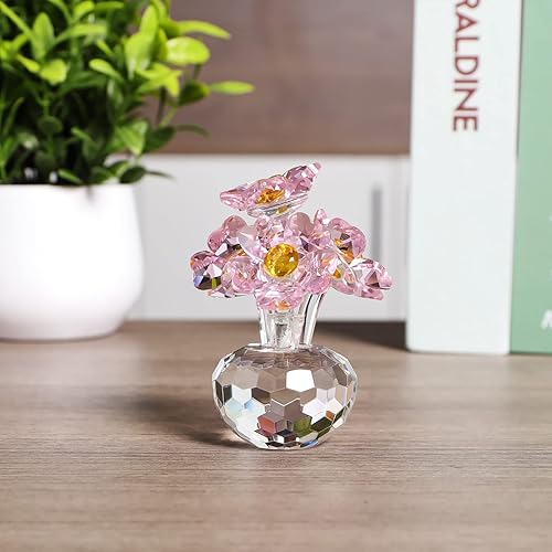 Miniatura 4 de LONGSHENG - SINCE 2001 - Figura de flor rosa de cristal hecha a mano con jarrón redondo, regalos románticos de flores para mujeres en el día de San