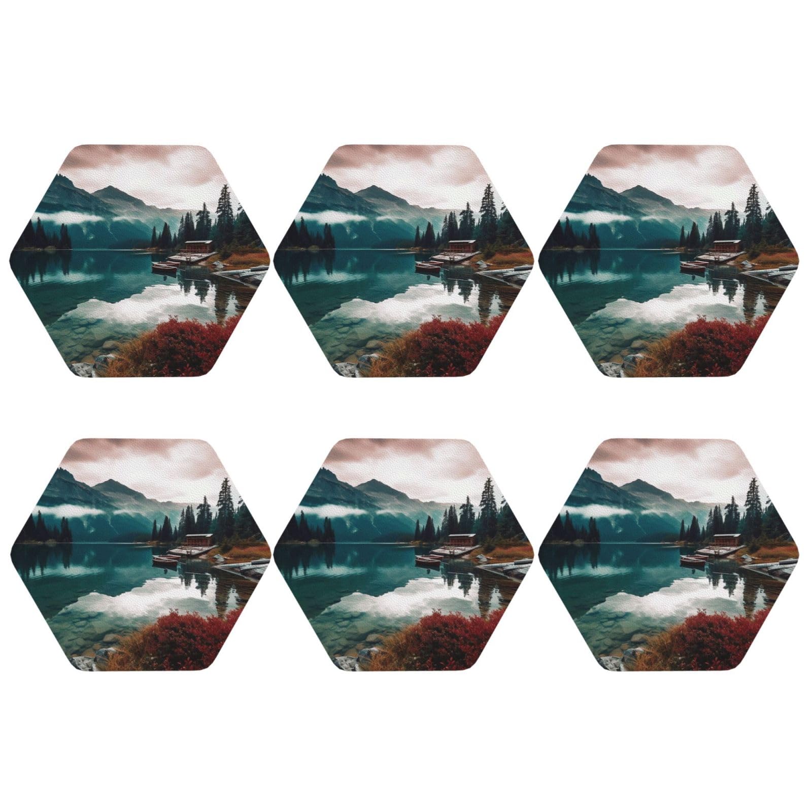 6pcs Leather Coasters for Drinks, Scenic Lake Drink Coasters for Tabletop Protection, 4" Cup Coasters for Coffee Table Decor, Non-Slip Drinking Cup Mat for Hot Or Cold Drink