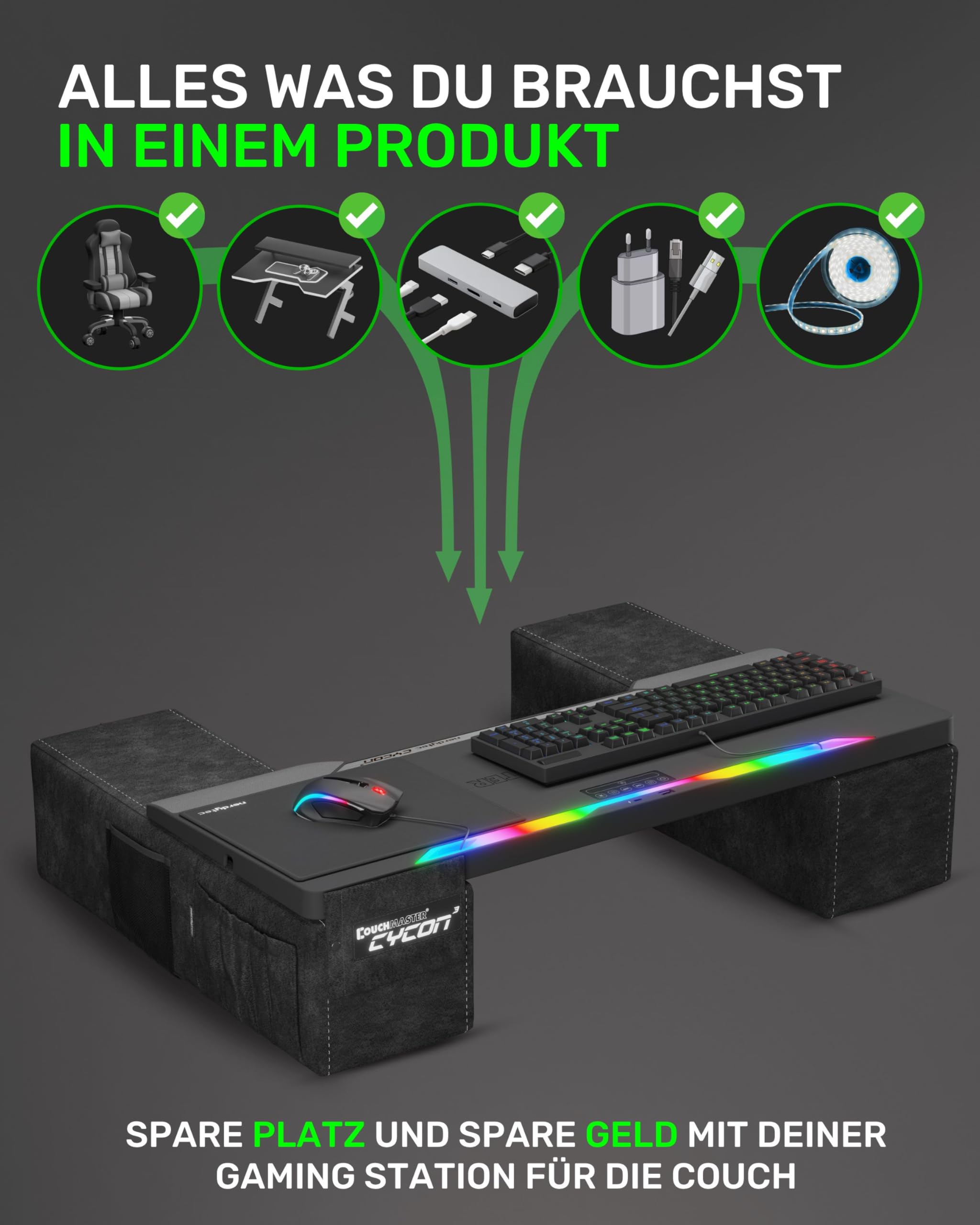 Couchmaster CYCON³ Black HORIZONLIGHT Bar, ergonomischer Gaming Laptoptisch für Couch, Sofa und Bett, Laptop Tisch mit USB Hub für PC, PS4/5, Xbox One/Series X und Laptops