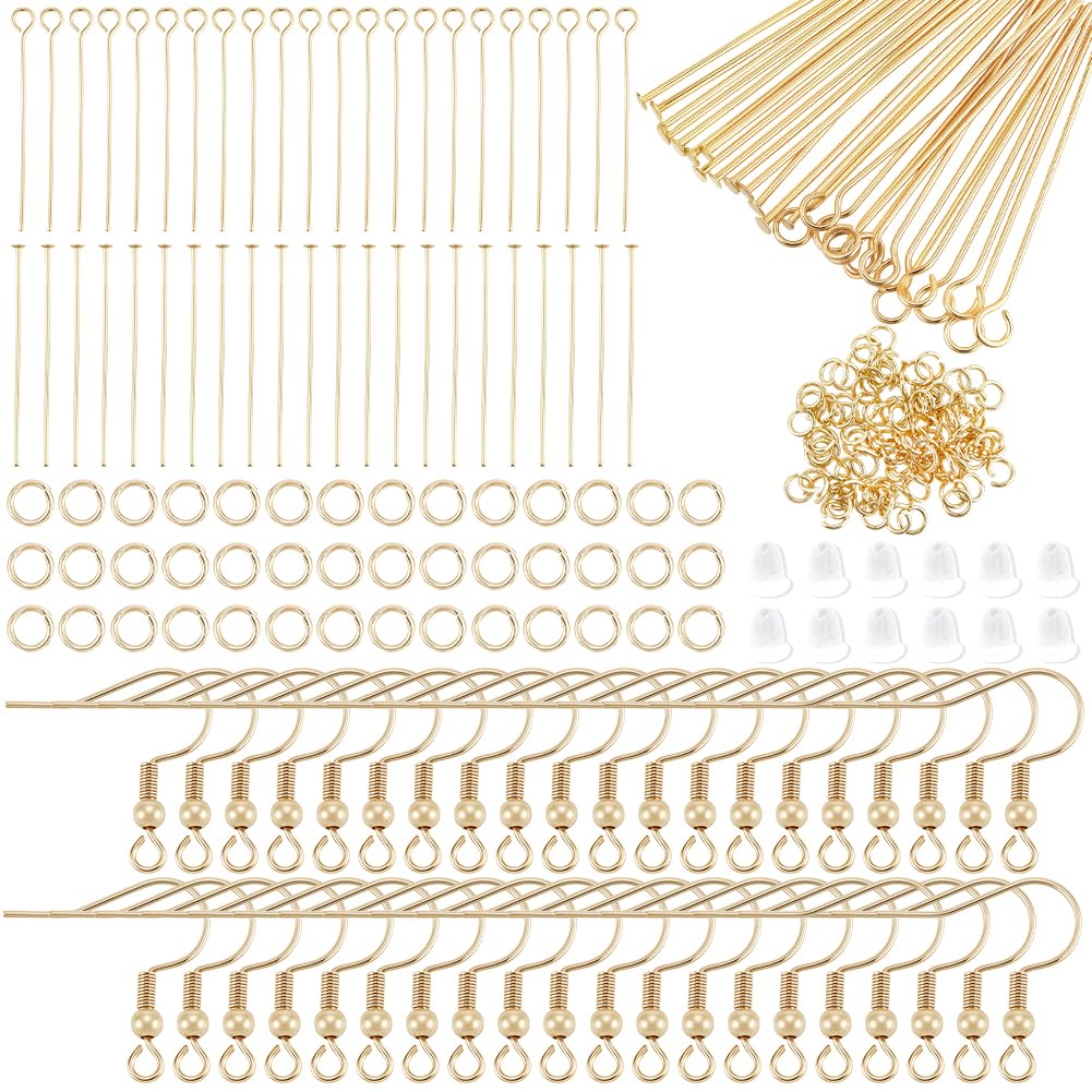 Beebeecraft 1 Box 260Pcs Earring Making Supplies Kit 18K Gold Plated 304 Stainless Steel Fish Earring Hooks Earwires Eye Pins Ball Head Pins with 100pcs Jump Rings and ear nuts for Jewelry Making