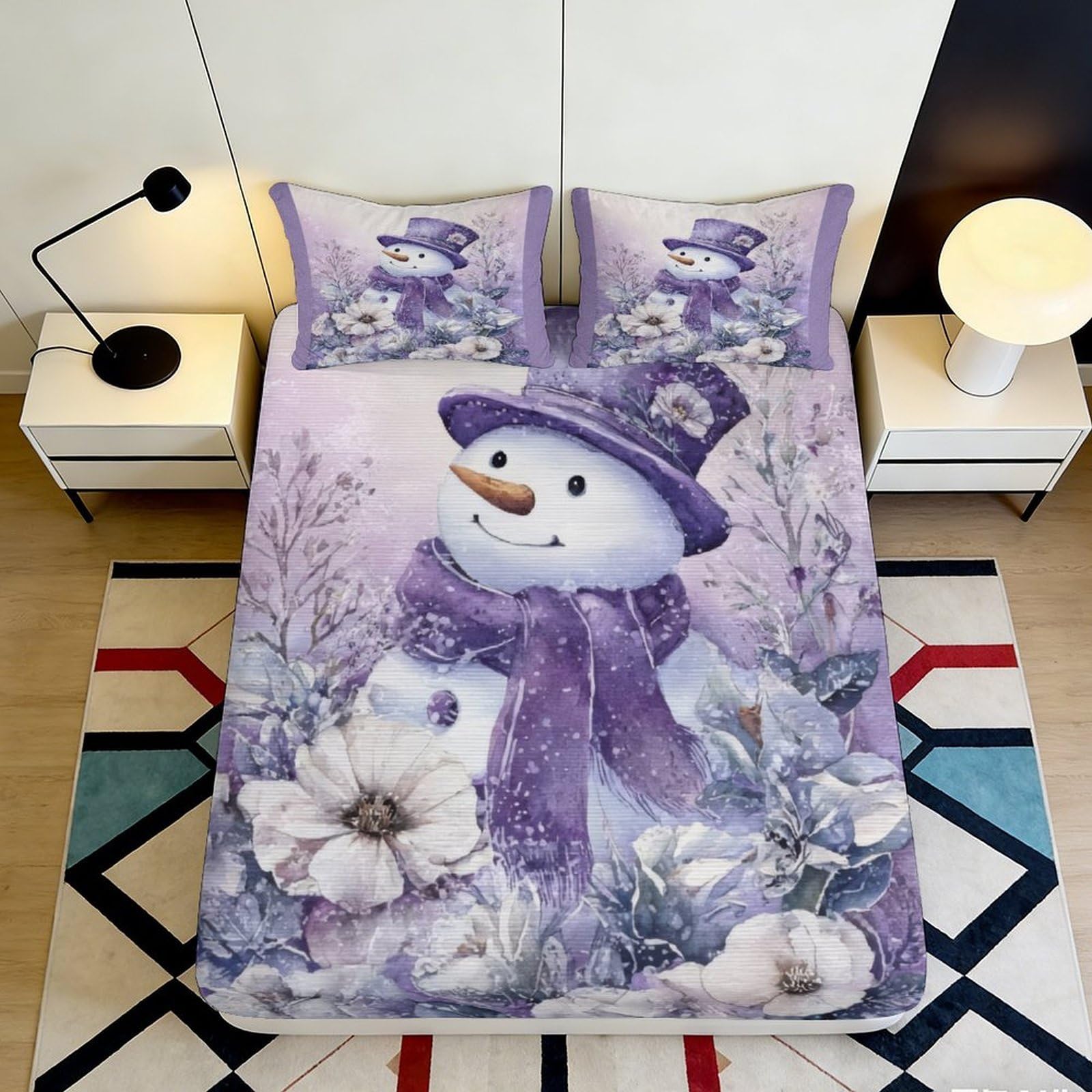 3D Printed Snowman Floral Fitted Sheet Microfiber Purple Winter Flowers Mattress Cover, Anti-Slip, Machine Washable, Bedroom Decor 160x200x25cm