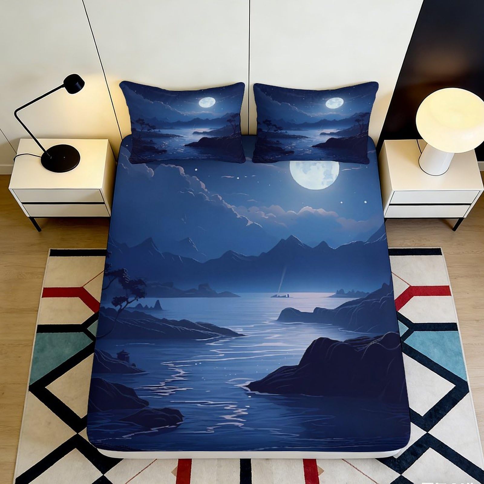 Dhbaneiok Style-8 3D Printed Moonlit Lake Fitted Sheet Microfiber Soft Blue Night Landscape Mattress Cover For Bedroom Guest Room Decor 90X200x25cm
