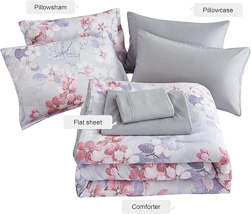 Miniatura 5 de Juego de edredón floral de 7 piezas, juego de edredón y sábanas de flores botánicas, juego de edredón ligero de microfibra suave para todas las