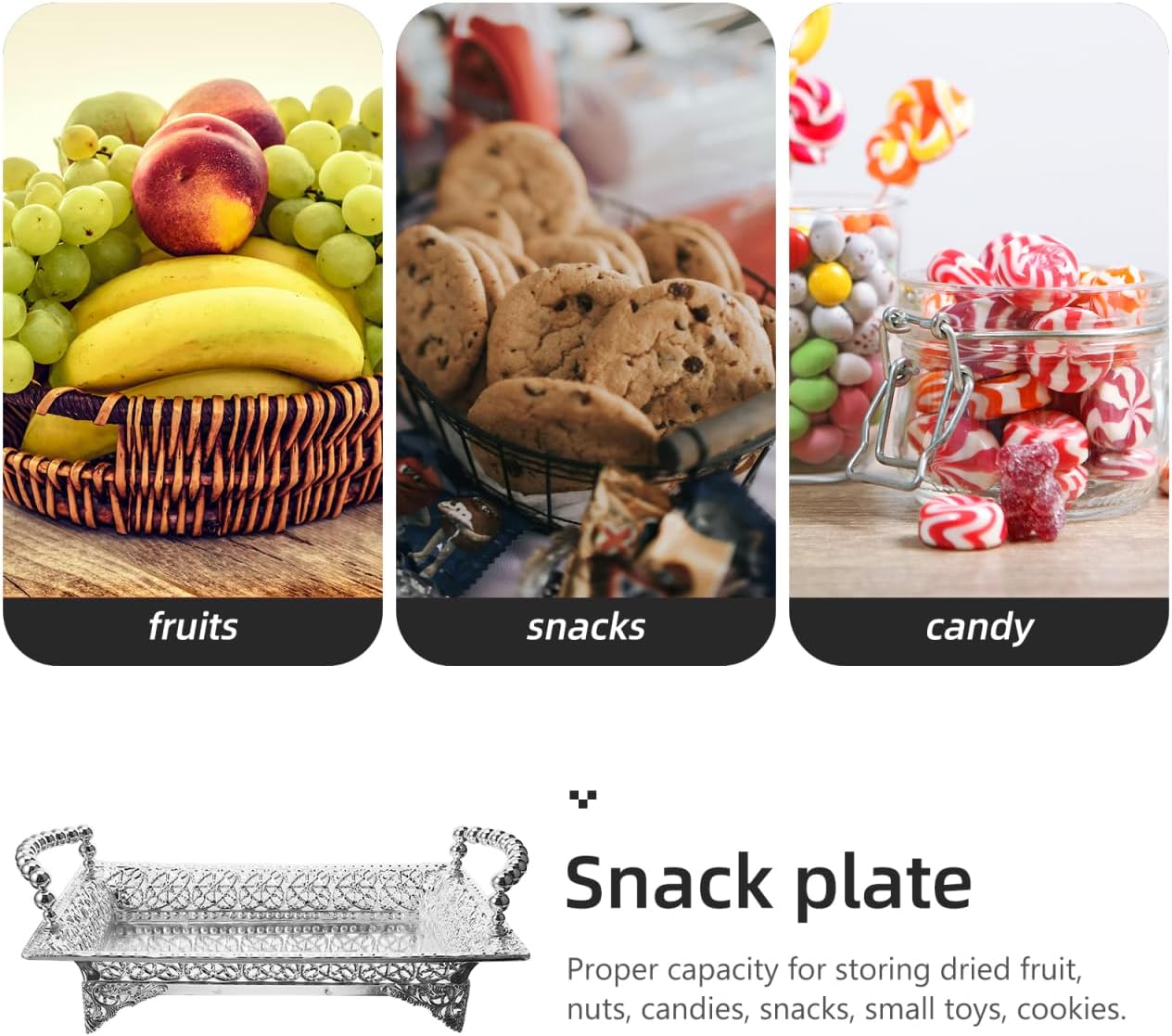 Amosfun Metal Fruit Plate Snack Candy Tray with Handles - Nordic Style Appetizer Nut Serving Plate Christmas Wedding Birthday Party Supply 7.1 x 11.8 x 3.5 Inch