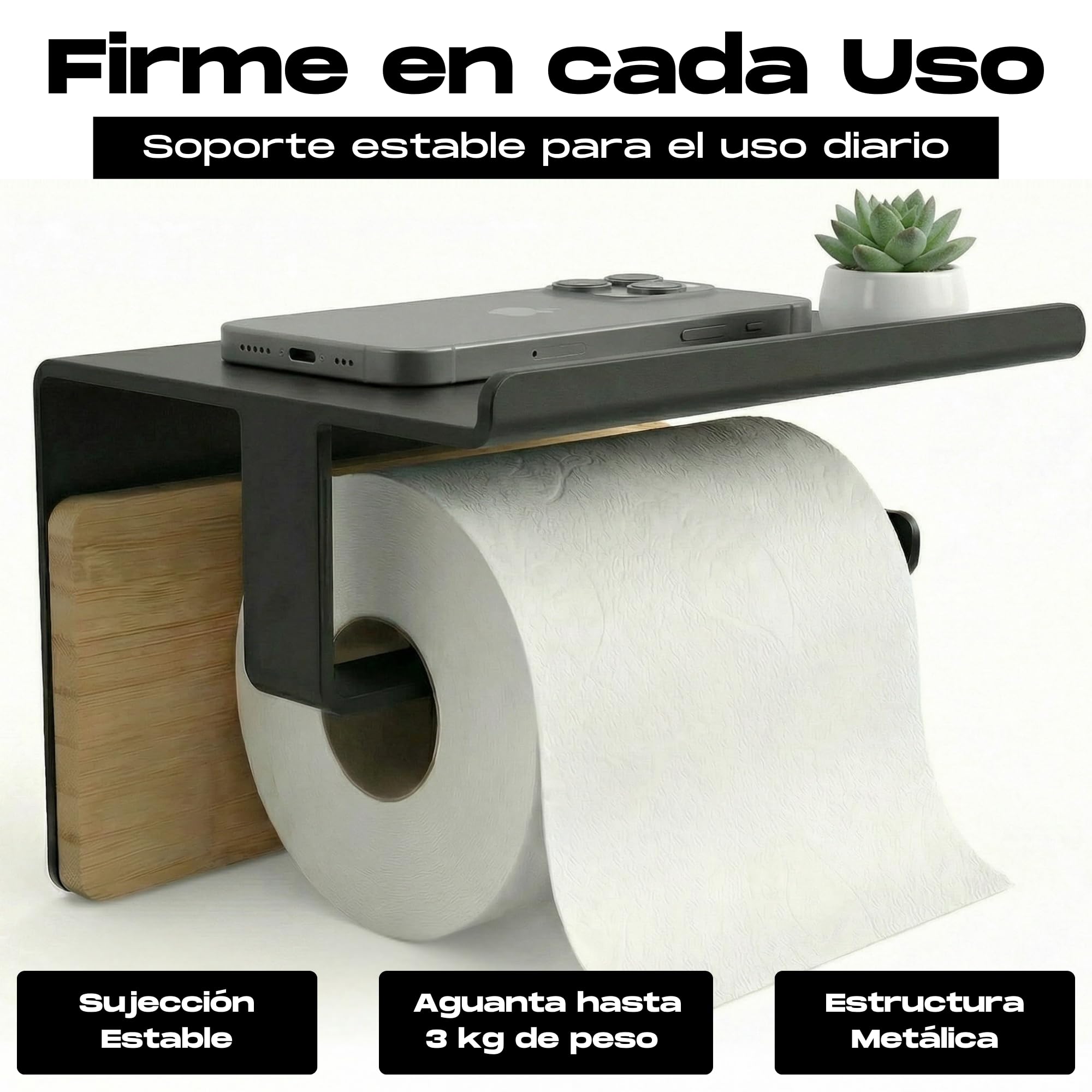 BYSER Portarrollos Papel Higienico Adhesivo con Repisa + 2 Ganchos. De Acero Inoxidable Negro y Bambú. Soporte para Papel Higienico Pared sin Taladro, con Accesorios Baño Modernos — view 7