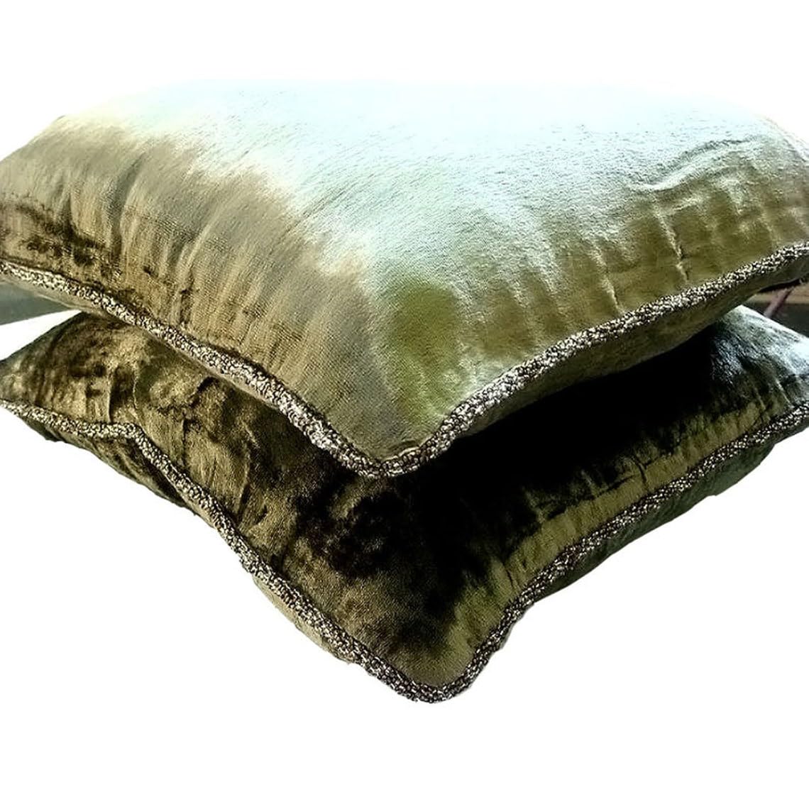 The HomeCentric Olive Green Bed Throw Cushion Cover Pack of 2, 40x40 cm (16x16 inch), Solid Color Green Throw Pillows Beaded Cord Decorative Cushions Case, Square Velvet Cushioncase - Olive Shimmer โ image 1