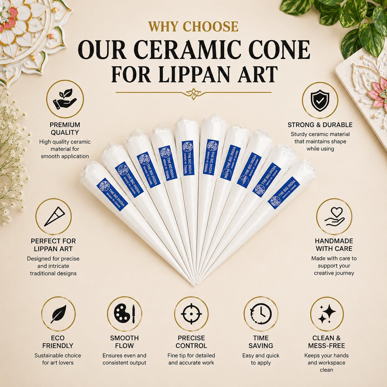 White Ceramic Cones for Arts & Crafts, Lippan Art, Mandana Art, Texture Art, Pottery, Liner, DIY Decorative Purposes (Pure for Sure) (4 WHITE CONE) 1