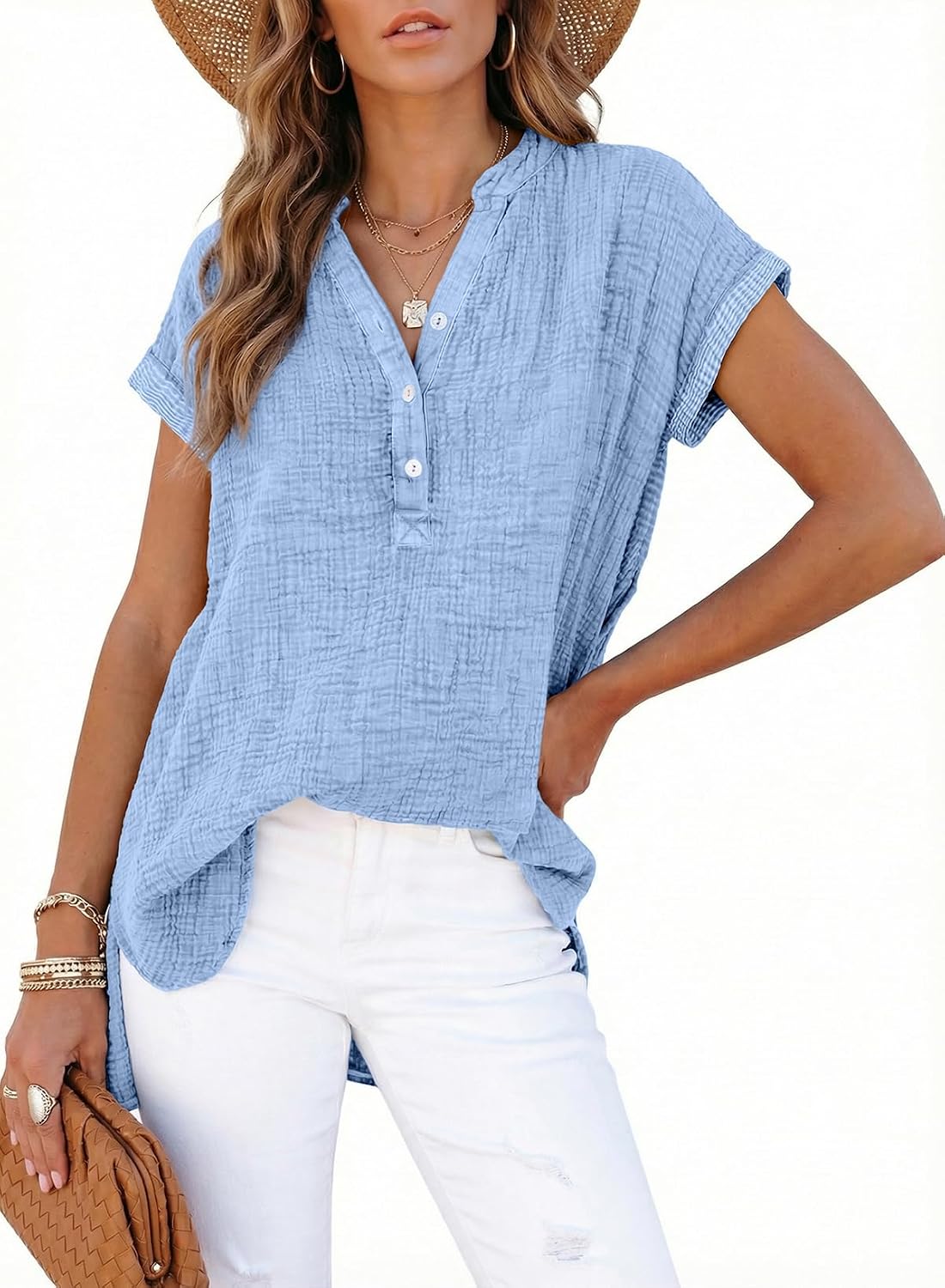 Dokotoo Women's Summer 2026 Boho Tops Casual Button Short Sleeve V Neck Shirts Solid Cotton Blouses