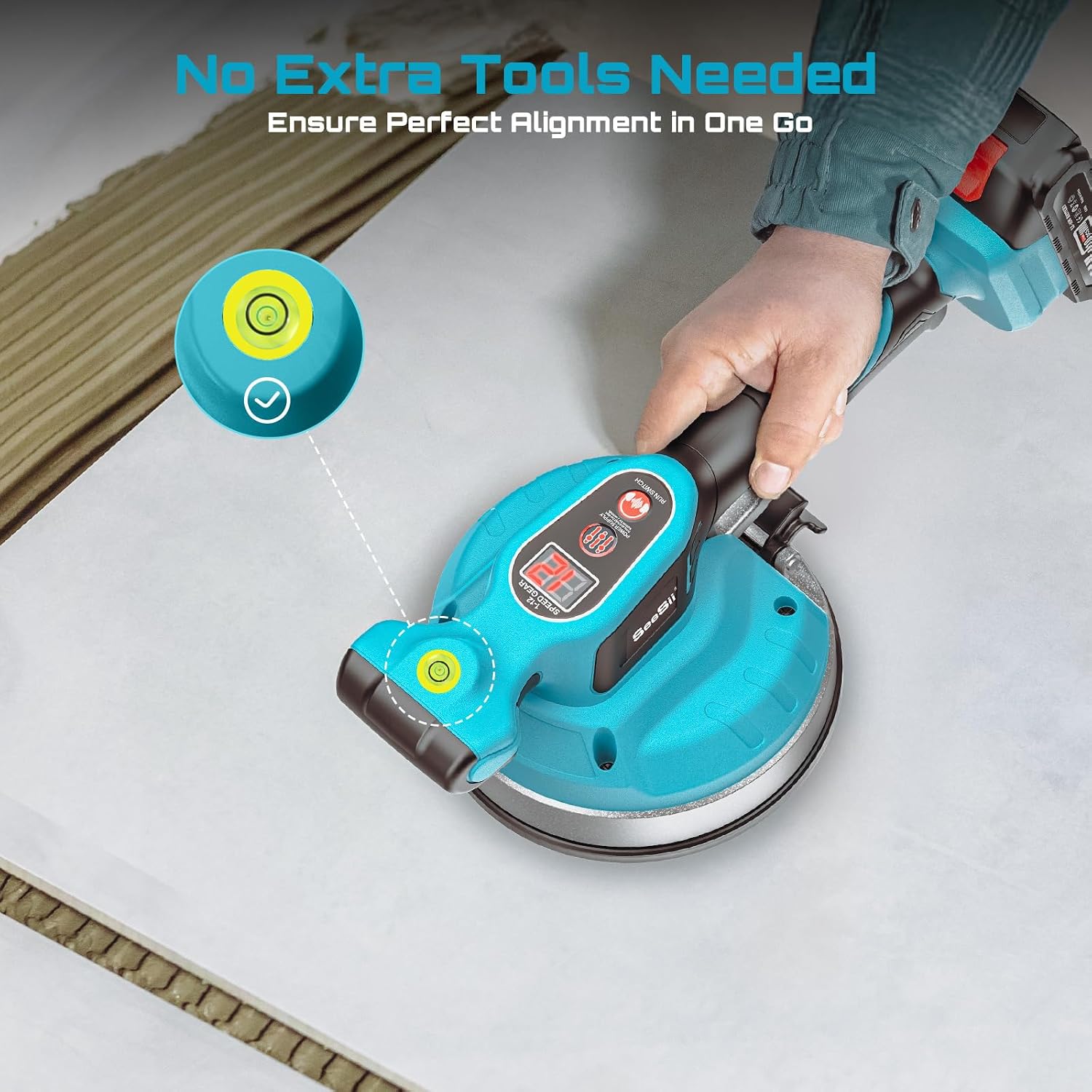 Close-up of the Seesii KP-160B tile vibrator showing an integrated level bubble on its handle, with text 'No Extra Tools Needed' and 'Ensure Perfect Alignment in One Go'.
