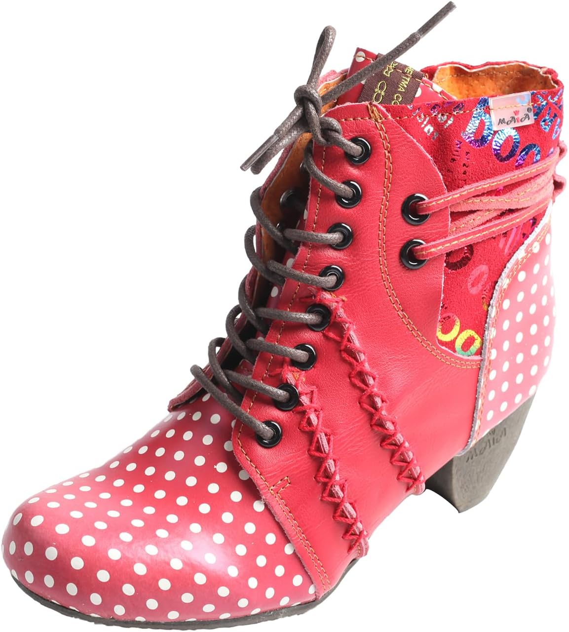 TMA EYES Women's Polka Dot Pattern Lace Up Ankle Boots With Thick Heels