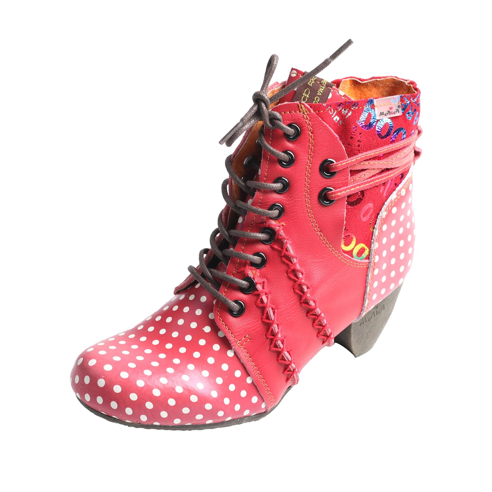 TMA EYES Womens Polka Dot Pattern Lace Up Ankle Boots With Thick Heels