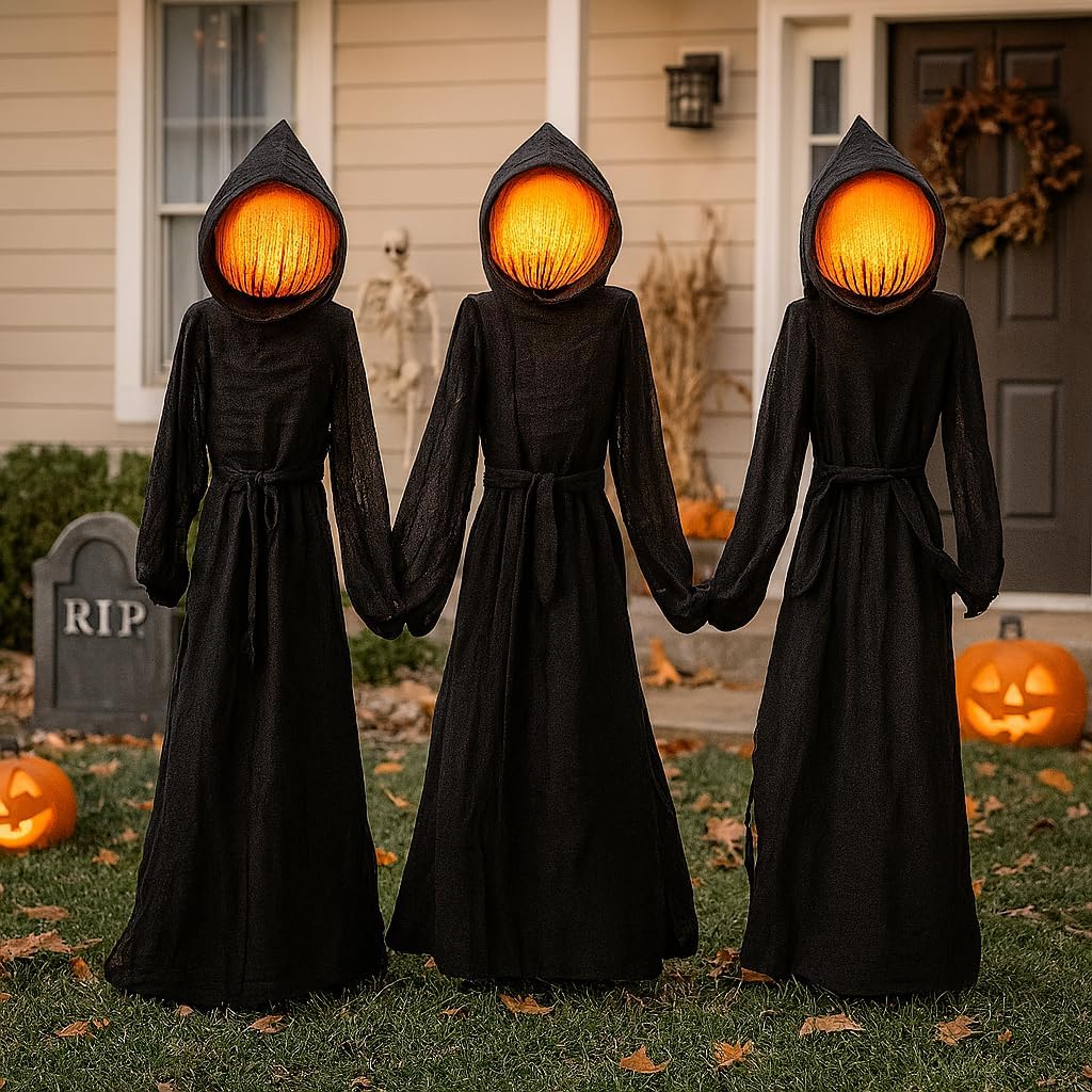 Evergreen Set of 3 LED Black Halloween Grim Reaper Stakes | 4 Feet Tall | Weatherproof Battery Operated | Spooky Garden Statue Outdoor Decoration Grass Lawn or Patio Reaper, Set of 3