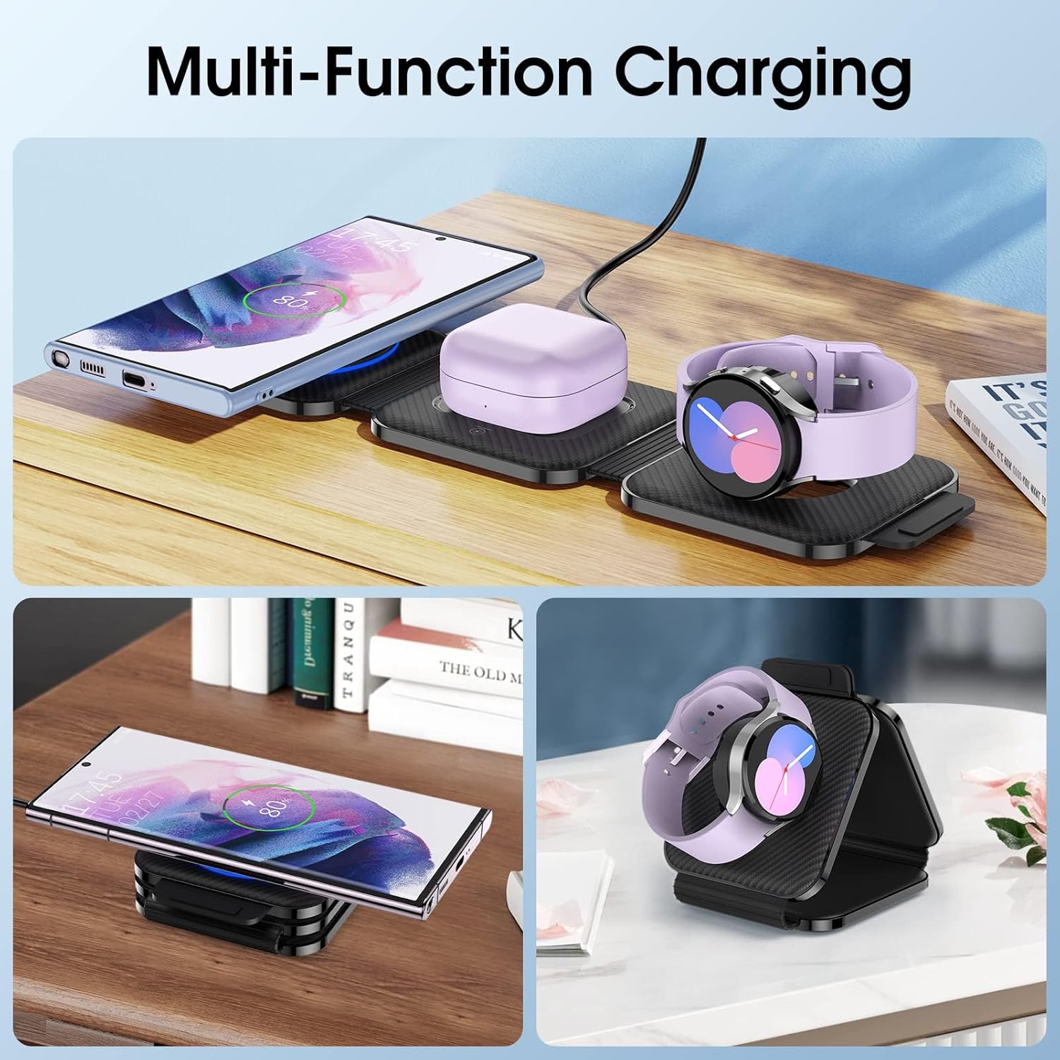 Pocket Wireless Charger for Samsung Android Phone, Foldable Travel Wireless Charging Station/Stand Compatible for Samsung S25 Ultra/S24/Z Flip 6/5,Watch Charger for Watch 8/7/Buds Pro3/2(Balck - Image 6
