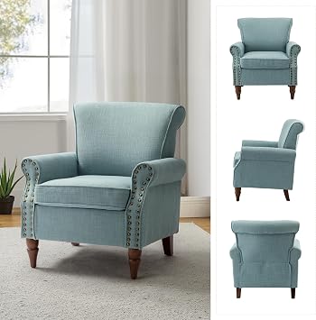HULALA HOME Comfy Upholstered Accent Chair with Solid Wood Legs & Removable Cushion, Modern Wingback Armchair with Nailhead Trim for Living Room, Blue