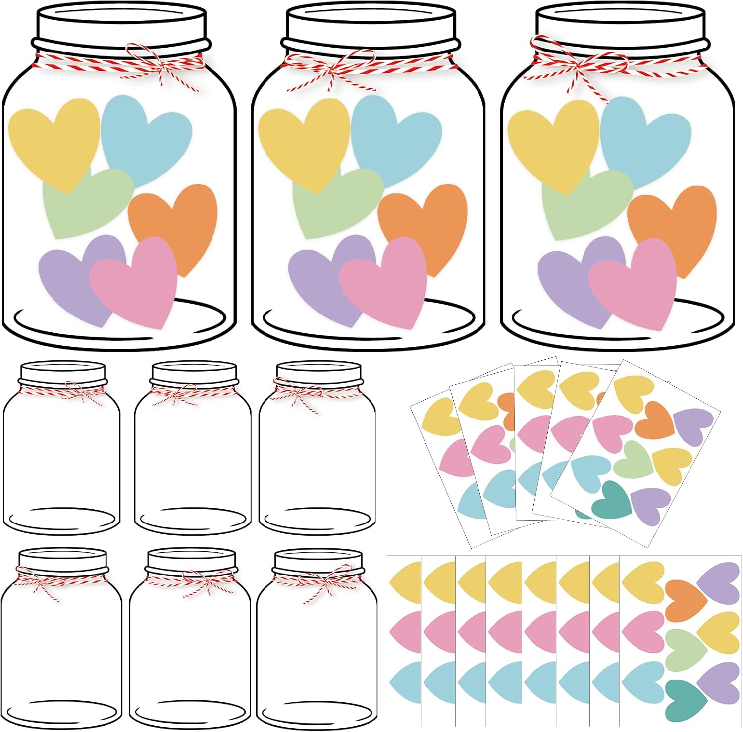 60 Sets Valentine's Day Love Candy Jar Craft Kit DIY Love Heart Candy Jar Valentine's Day Craft Fun Activity for School Classroom (Colorful Candy Jar)
