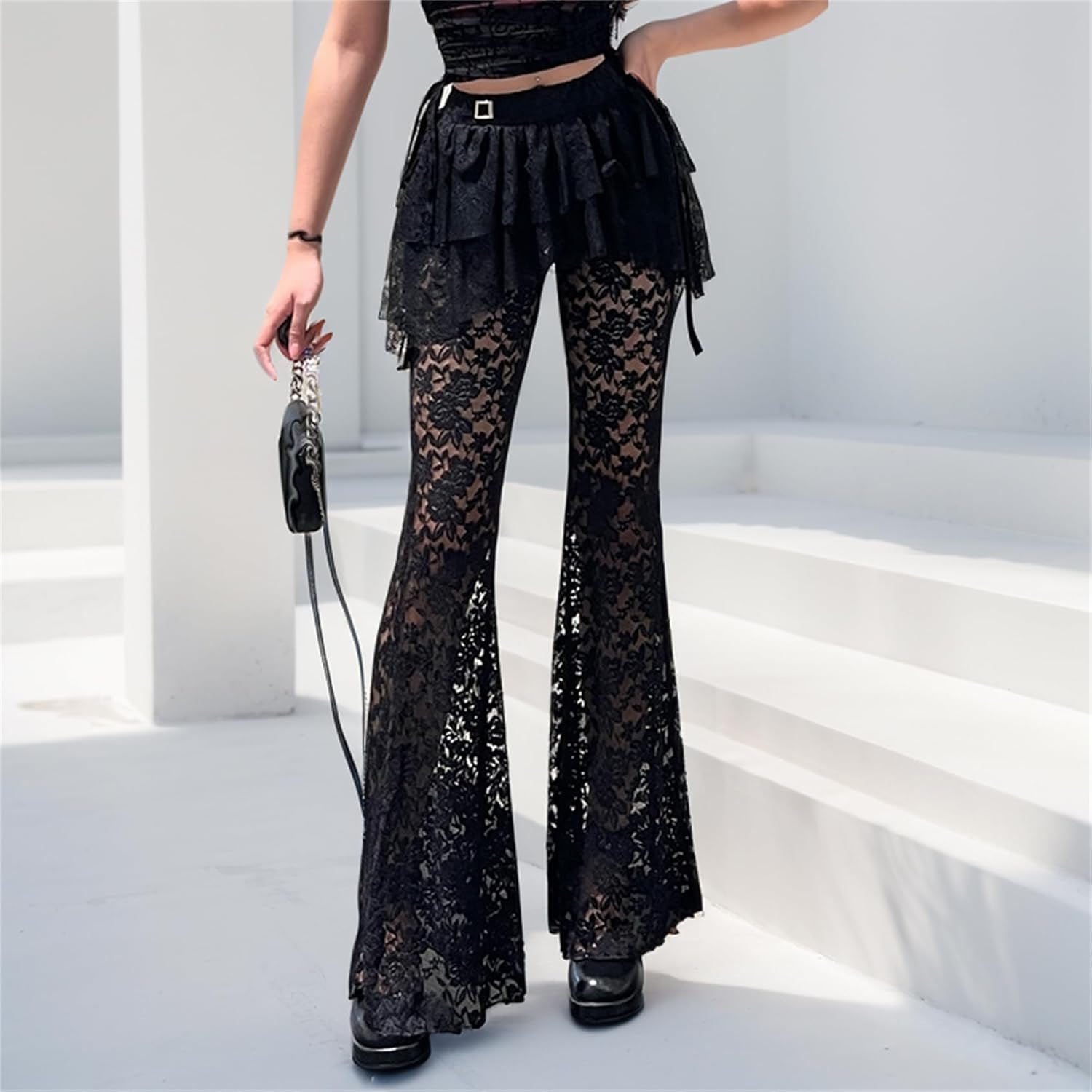 Rave Bell Bottom Pants Woman Goth Flare Sheer Mesh Lace Floral Graphic Lounge Punk Vintage - Image 3