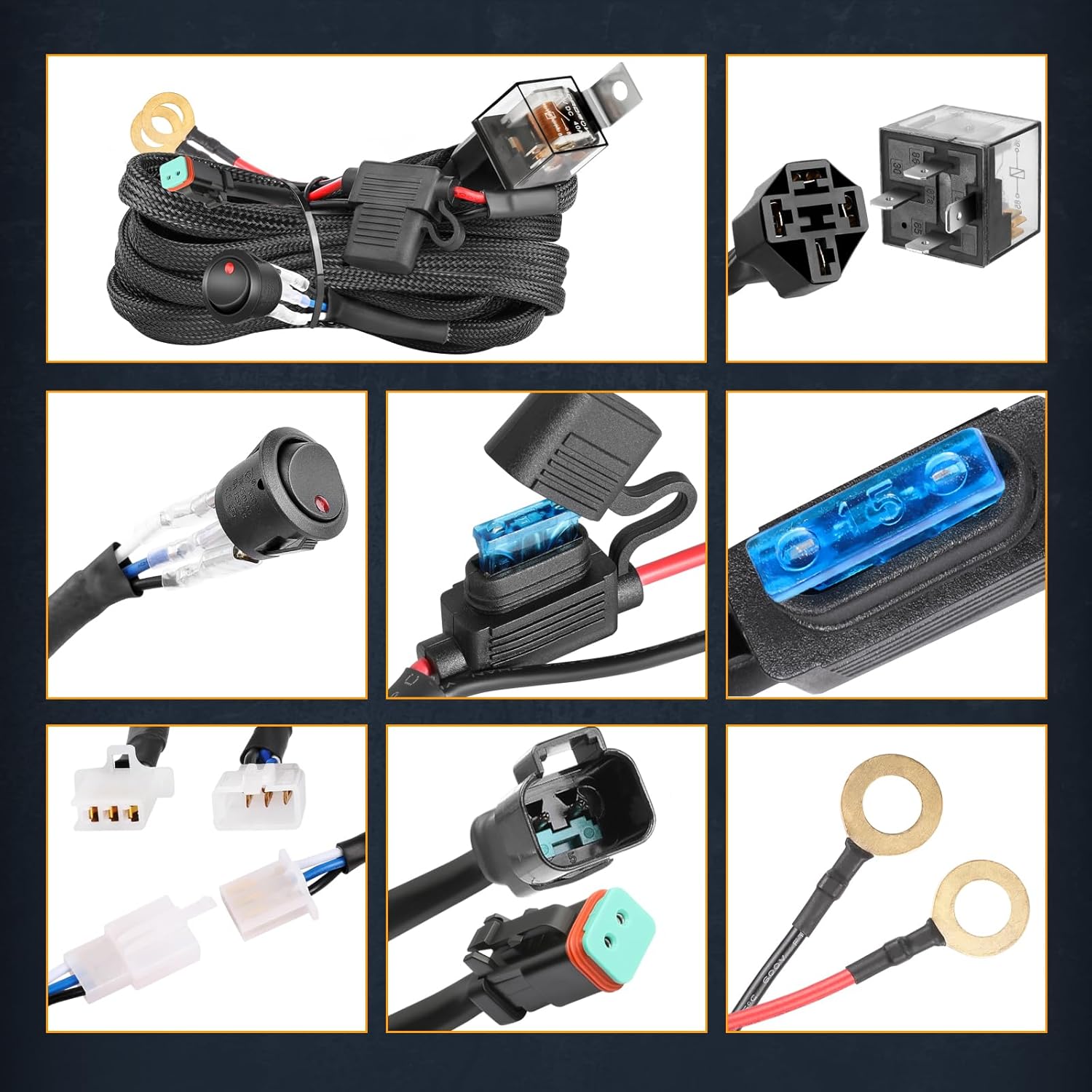 Close-up of the rocker switch and other harness components