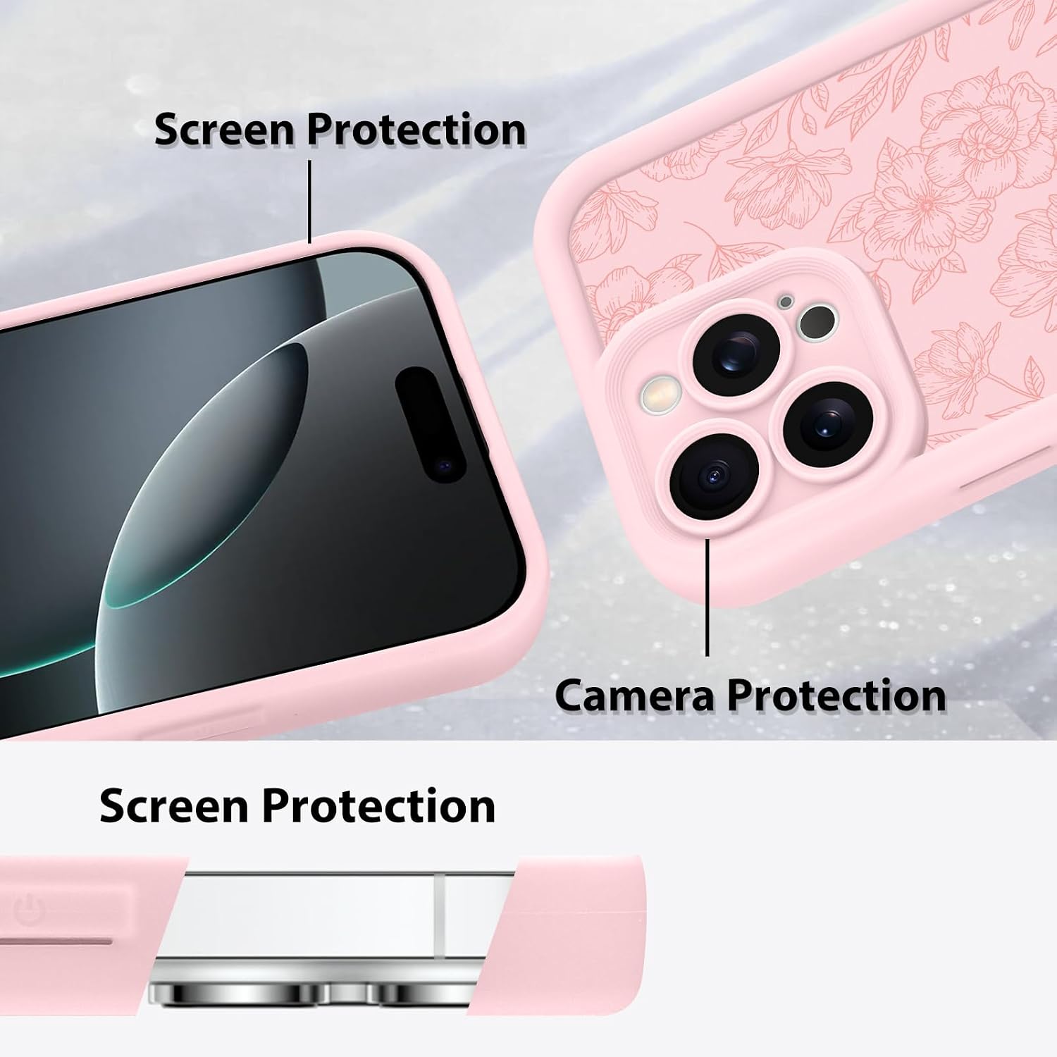 MZELQ for iPhone 16 Pro Max Case, Silicone Floral Flower Cute Pattern, Camera Protection Soft Slim Shockproof for Girls Women -Pink