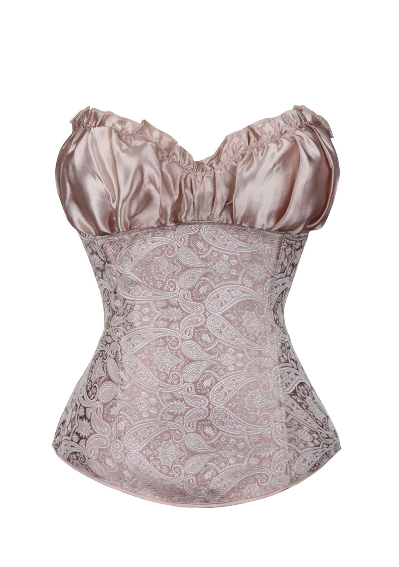 OMZIN Women Summer Sexy Lace up Corset Bustier Waist Cincher Overbust Satin Boned Floral Trim Shapewear