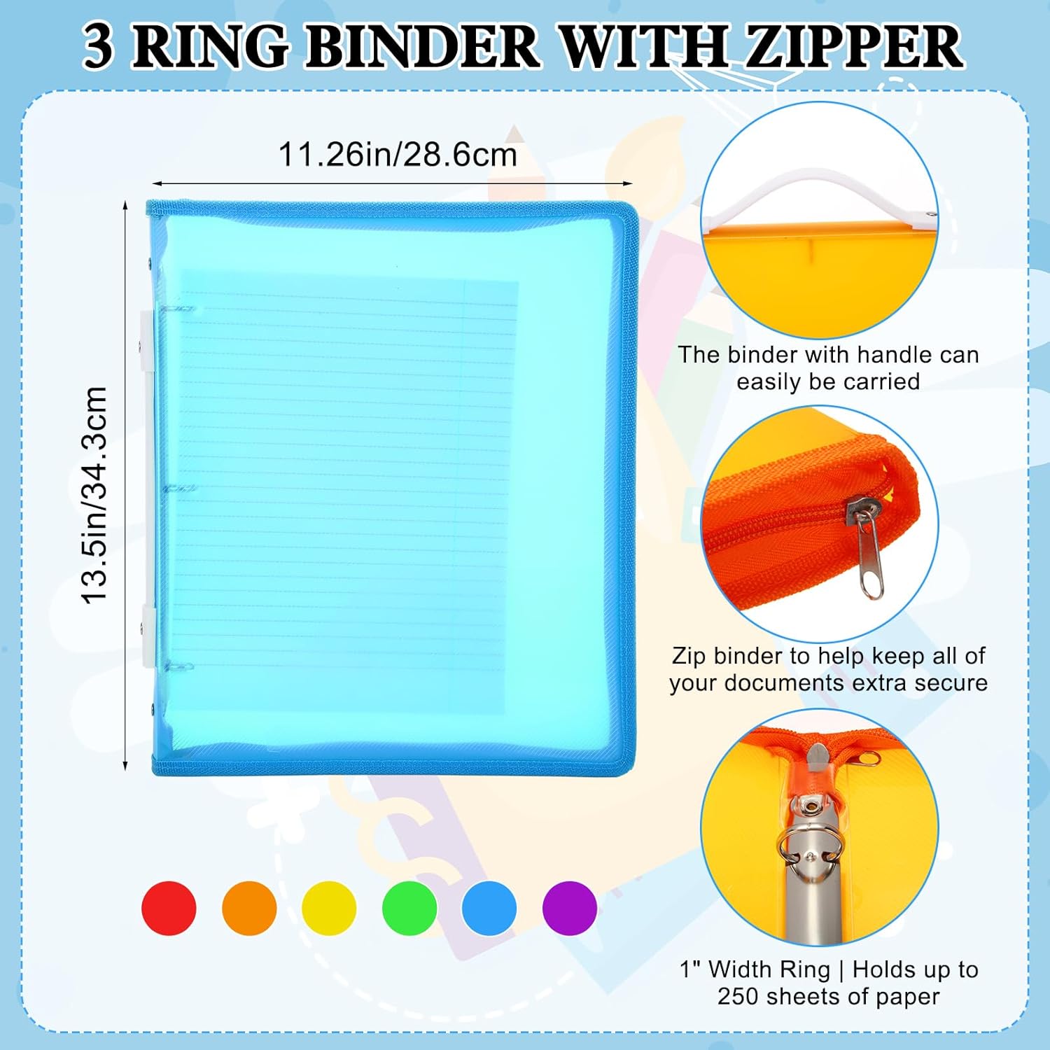 Fulmoon 6 Pack Plastic Zipper Binder, 1 Inch 3 Ring Binder with 2 Interior Pockets, 1 Plastic Movable Pencil Pouch, Expanding File Zippered Holds Us Letter Size 8.5''x11'' for Office (Colorful)