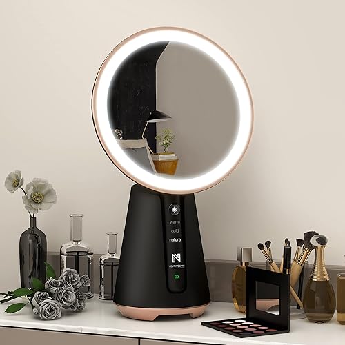 NeuType Espejo redondo con luces, espejo de maquillaje iluminado con aumento de 10X, espejo de tocador LED de mano con botón inteligente, rotación