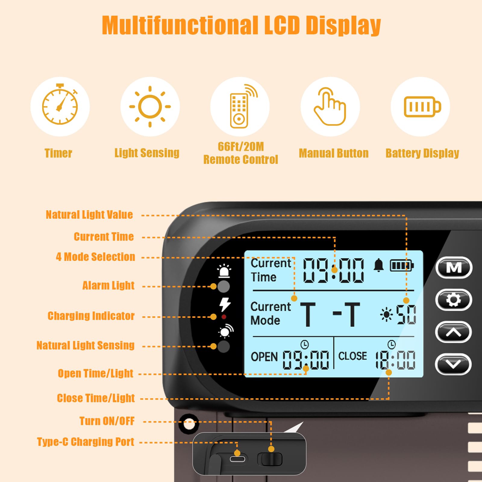 Puerta automática de gallinero alimentada por energía solar, pantalla LCD, puerta de gallinero automática eléctrica con temporizador y sensor de luz, abridor automático de puerta de pollo recargable