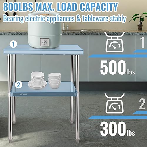 Miniatura 4 de VEVOR Stainless Steel Prep Table, 30 x 30 x 36 Inch, 800lbs Load Capacity Heavy Duty Metal Worktable with Adjustable Undershelf & Feet, Commercial