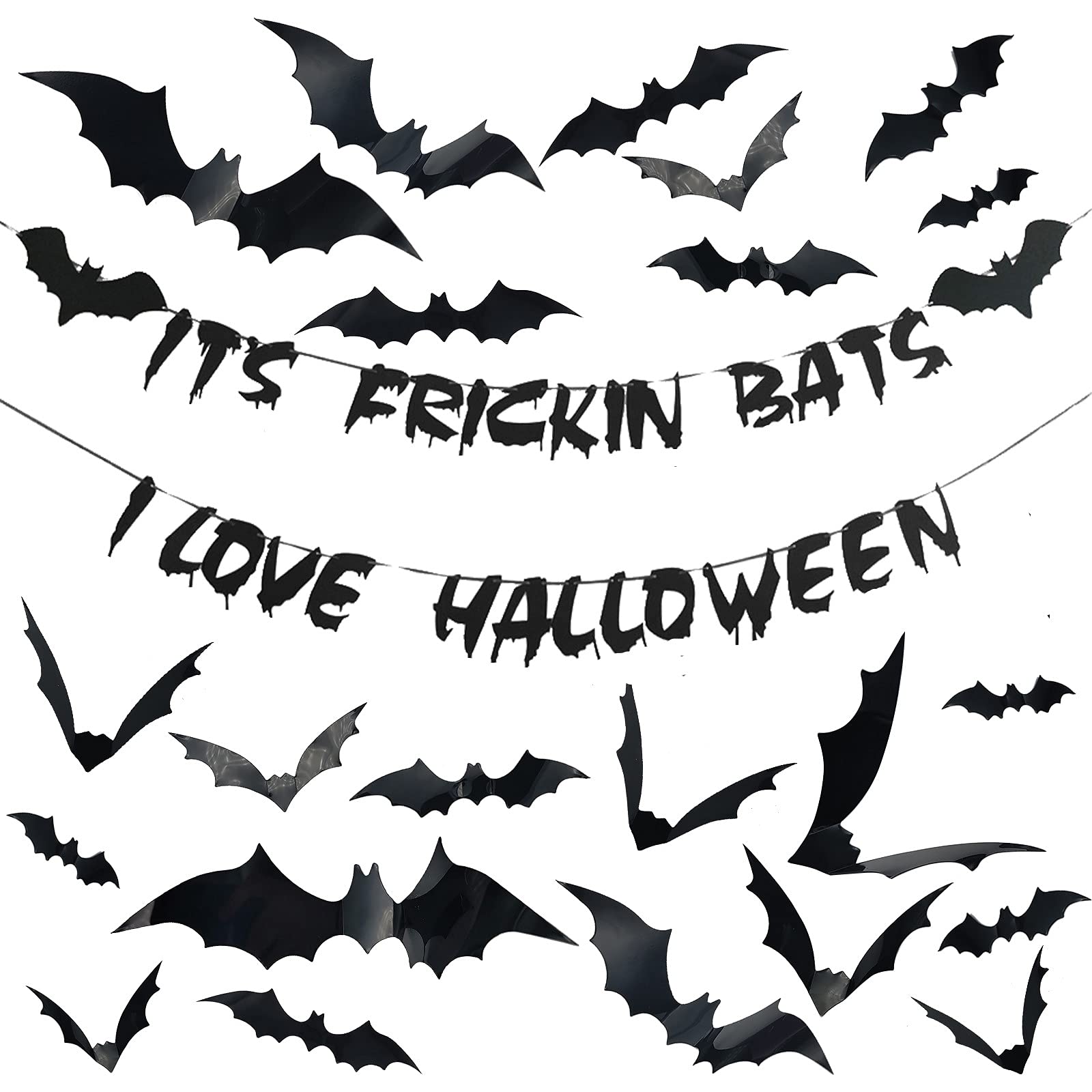 Black Glitter It's Frickin Bats I Love Halloween Banner and 3D Bat Blood Drop Scary Halloween Party Decorations for Fireplace Mantle Home Yard Decor
