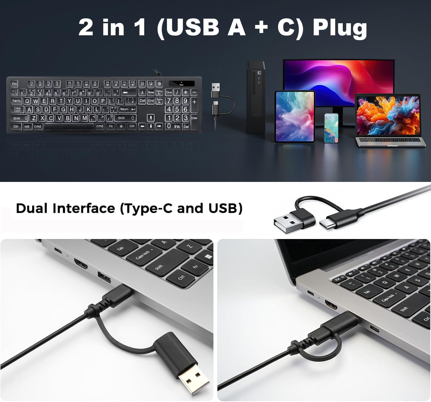 Large Print White Illuminated LED Backlit Keyboard for Mac, Full Size Computer Keyboards with Numeric Keypad Compatible with Apple Mac Pro/Mini, MacBook Pro/Air, iMac (Black, Large)