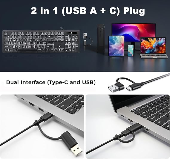 Large Print White Illuminated LED Backlit Keyboard for Mac, Full Size Computer Keyboards with Numeric Keypad Compatible with Apple Mac Pro/Mini, MacBook Pro/Air, iMac (Black, Large)