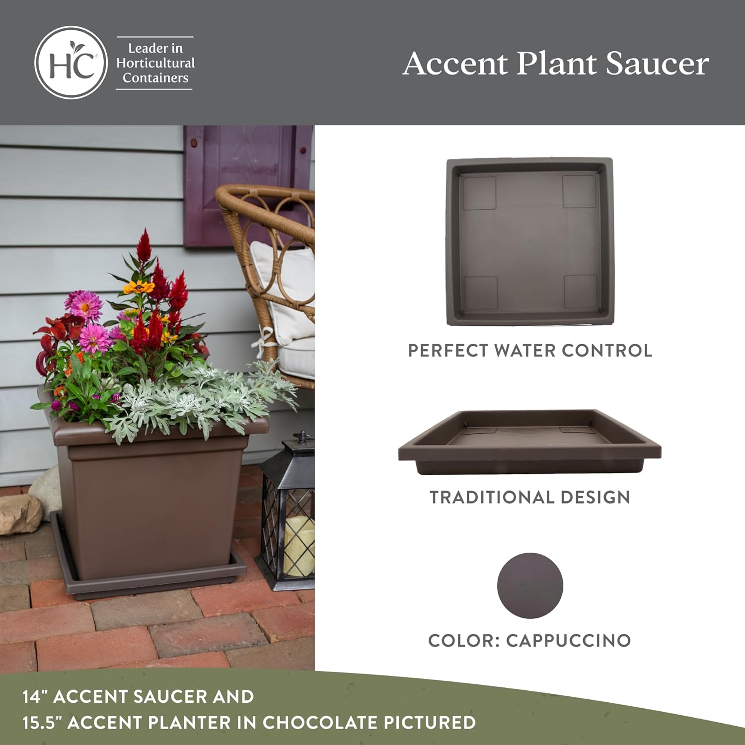 The HC Companies Accent Square Plant Saucer - Durable Plastic Trays for Plants - Square Tray for Water Drainage - UV Resistant Planter Saucer for Indoor & Outdoor Use (14”, Cappuccino, Pack of 1)