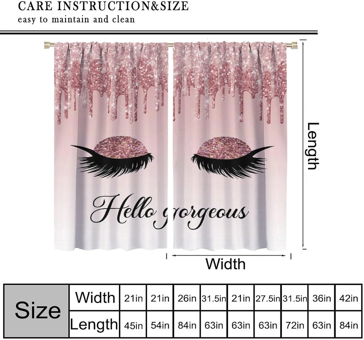 Pink Hello Gorgeous Eyelash Curtains, Girl Modern Makeup Theme Dripping Glitter Print Window Drapes for Living Room Women Girls Bedroom Set 2 Panels,84x84 Inches