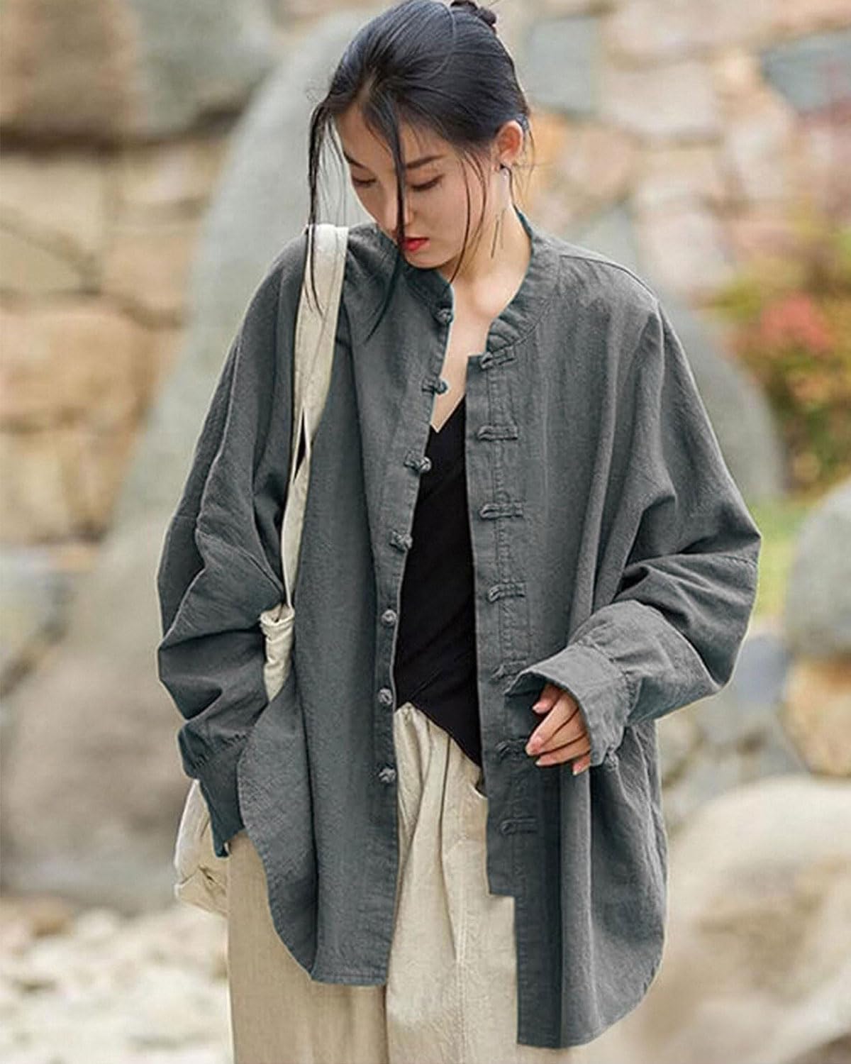 Women's Linen Oversized Blouses Vintage Long Sleeve Jackets Loose fit Chinese Frog Shirts - Image 2