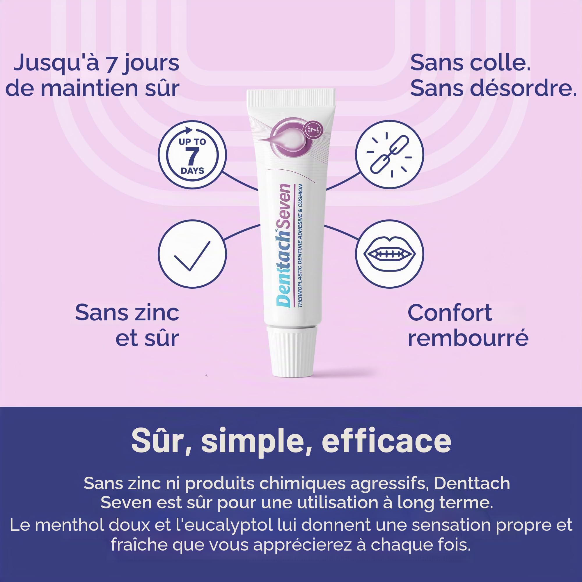 Denttach Lot de 3 adhésifs thermoplastiques pour prothèses dentaires - Coussin et recourbeur - Prise en main confortable et sûre jusqu'à 7 jours - Sans colle - Sans zinc - Longue tenue