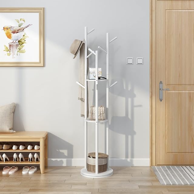 KungFuWood Coat Stand Freestanding, Rotary Wood Coat Rack Stand with 3 Storage Shelves and 9 Hooks, Sturdy and Easy Assembly Standing Clothes Rack for Entryway, Hallway, Bedroom and Office(White)