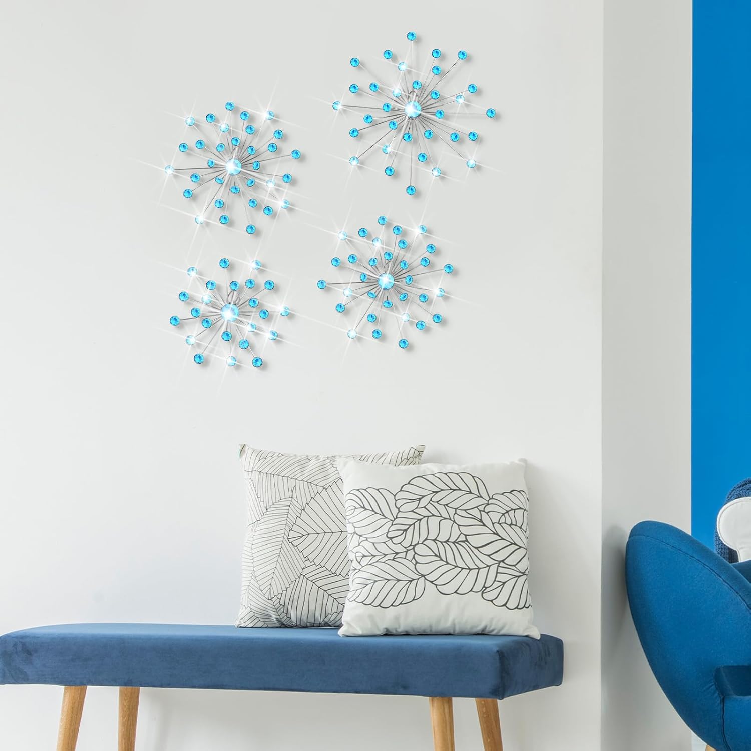 Funnymoom 4 Pcs Starburst Wall Decor Bling Crystal Wall Art Rhinestones Sunburst Home Decorative Bling Hanging Diamond Accents Metal Gold Decor Art for Living Room Bedroom Entryway Office(Blue) - Image 6