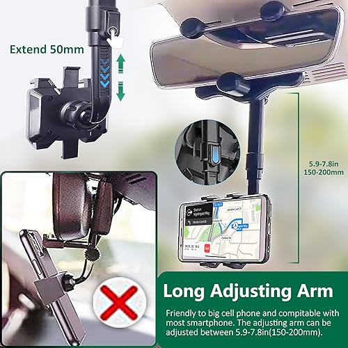 Miniatura 4 de PKYAA Soporte de teléfono para espejo retrovisor para automóvil, soporte giratorio de 360° con longitud de brazo ajustable, multifuncional y GPS