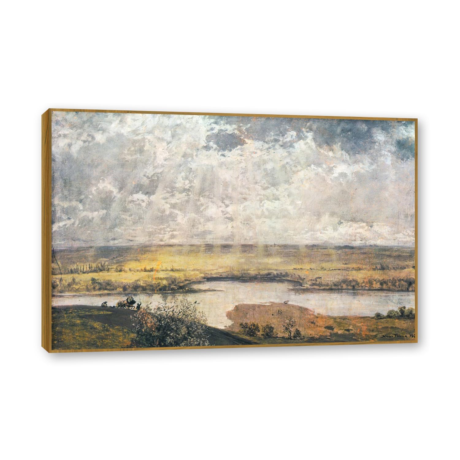 NHLDZYH Teak Frame. Hans Thoma Style Canvas Wall Art - (Main River Landscape), German Romantic Realism Painting with Symbolic Nature, Rustic Country Home Decor. 70x105cm-27.6x41.4in